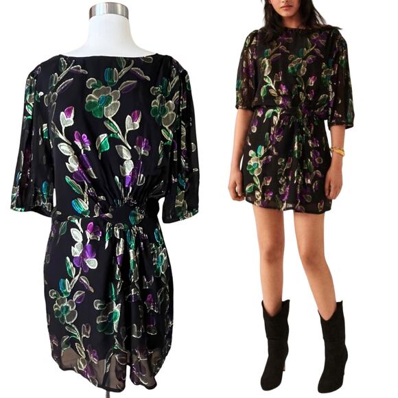 ba&sh Dresses & Skirts - BA&SH Anjy Embellished Mini Dress Black Metallic Floral Noir 2 Medium NWOT
